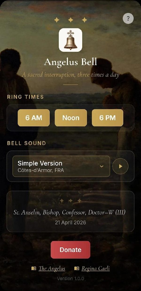 The Angelus Bell app on Android with the Simple Version bell from Côtes-d’Armor and links to The Angelus and Regina Caeli.
