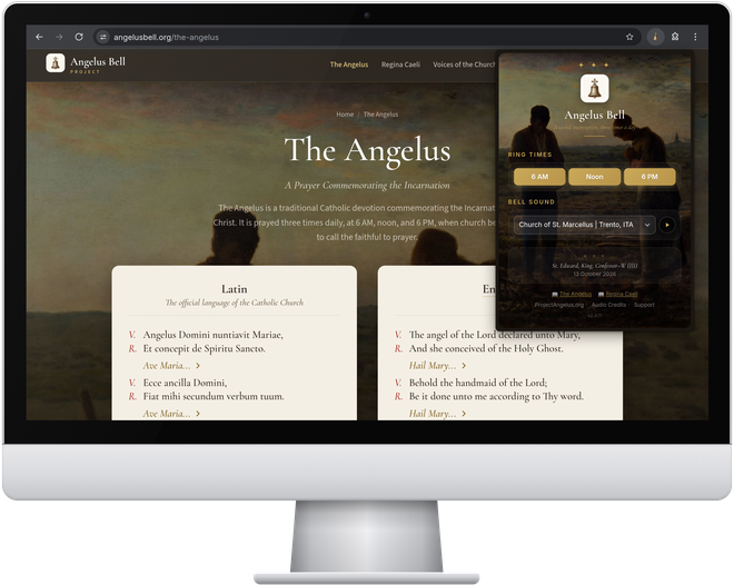 The Angelus Bell extension open in Chrome on an iMac, showing the ring times and the bell sound