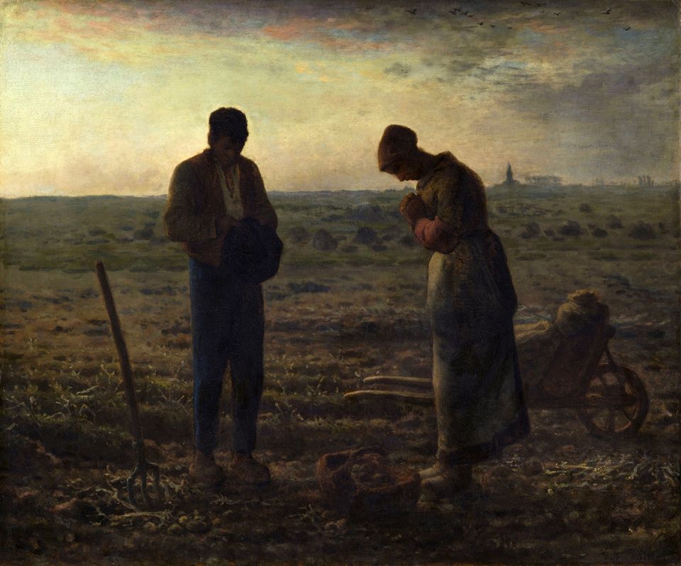 Jean-François Millet, The Angelus (1857–59): two peasants stand in a field at dusk, heads bowed in prayer, a church spire on the horizon.