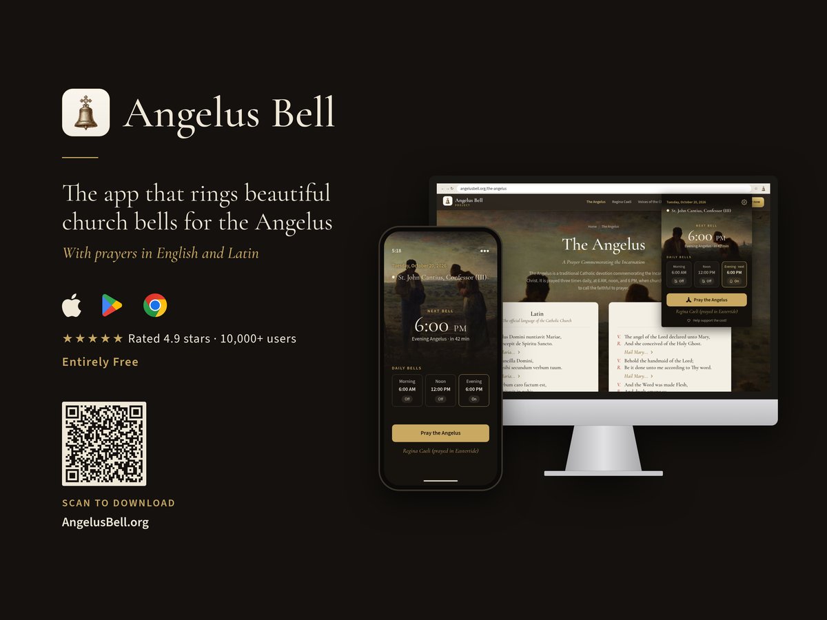 Landscape ad: the Angelus Bell app on a phone and a computer, “The app that rings beautiful church bells for the Angelus,” a QR code, and AngelusBell.org.