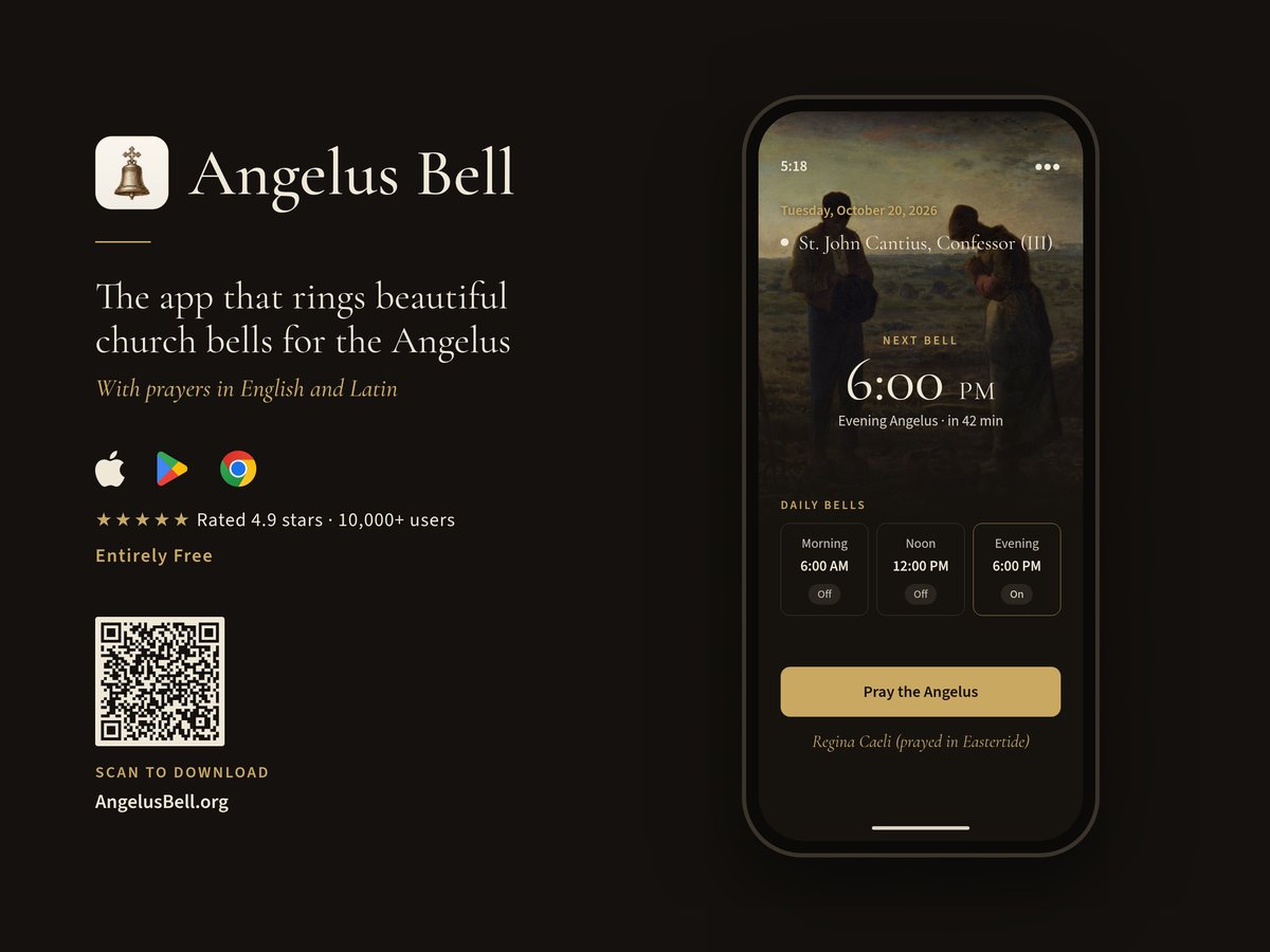 Landscape ad: the Angelus Bell app on a phone, “The app that rings beautiful church bells for the Angelus,” a QR code, and AngelusBell.org.