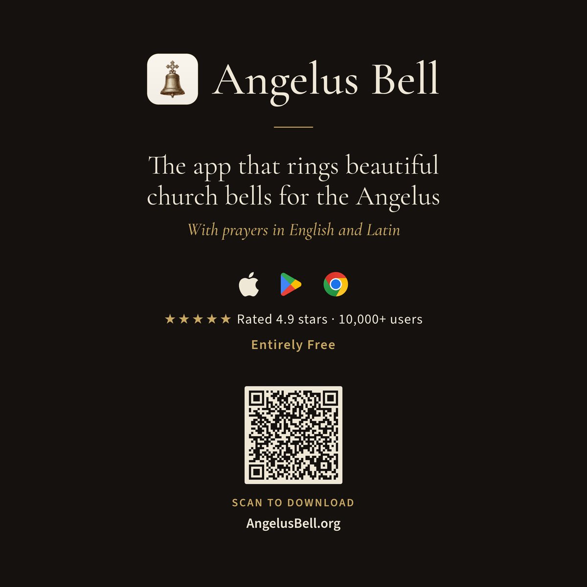 Square ad: “The app that rings beautiful church bells for the Angelus,” the store logos, a QR code, and AngelusBell.org, on a dark background.