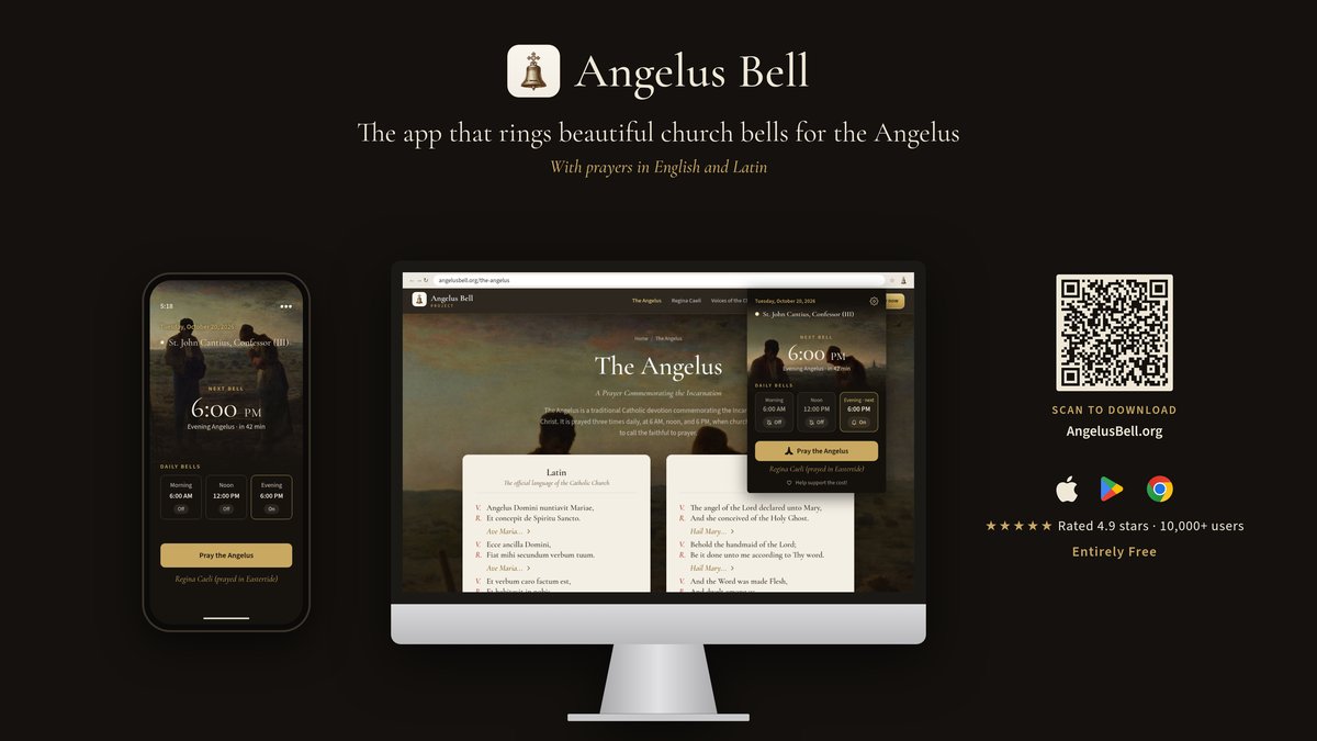 Widescreen ad: the Angelus Bell app on a phone and a computer, with a QR code and AngelusBell.org at the right.